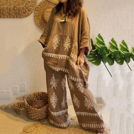 Women's Fashion Ethnic Floral Linen Long Sleeve Pants Two-piece Set artswardrobe