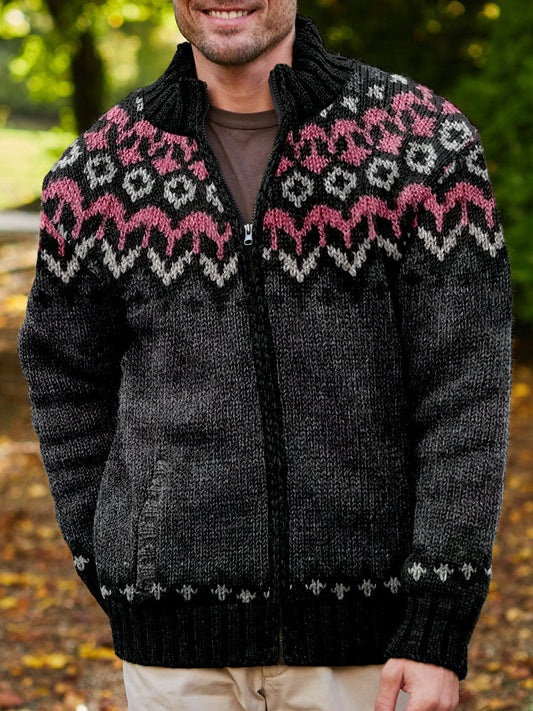 Men's Vintage Icelandic Pattern Cozy Full Zip Cardigan elevenforest
