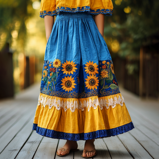 Vintage Sunflower With Lace Patchwork Embroidered Pattern Flowy Wide Skirt artswardrobe