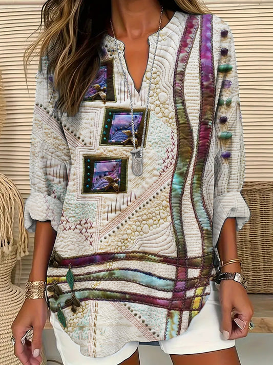 Flower & Bird Embroidery Art Women's Linen V-neck Shirt artswardrobe