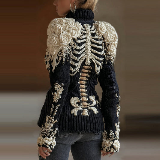 Women's Halloween Skeleton White Roses Art Knit Turtleneck Sweater artswardrobe
