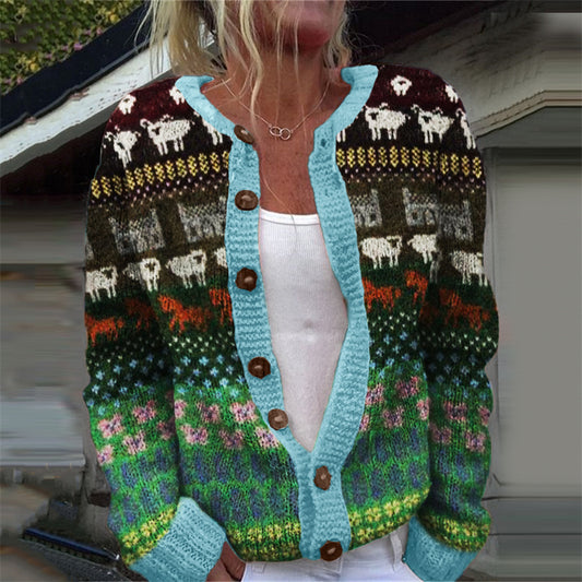 Comstylish Vintage Farm Sheep Floral Colorblock Isle Cozy Knit Cardigan