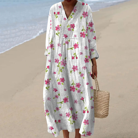 Vintage Floral Art Cotton Linen Comfy Maxi Dress artswardrobe