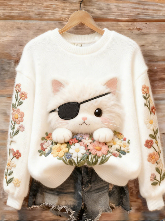 Comstylish Eye Mask Cat Floral Flannel Crewneck Sweatshirt
