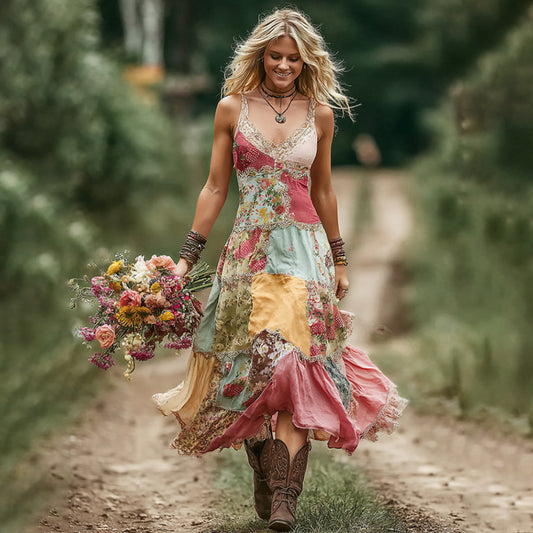 Women's Vintage Boho Rose Floral Art Patchwork Comfy Maxi Dress artswardrobe