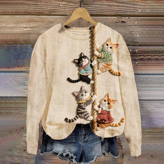Vintage Climbing Rope Pattern Cute Cat Round-neck Hoodie