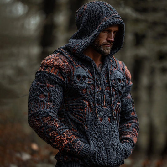 Men's Vintage Skull Art Casual Knit Hooded Sweater elevenforest