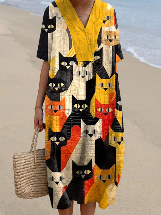 Funny Cat Pattern Patchwork Art V-Neck Dress elevenforest