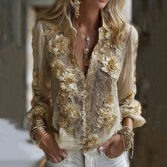 Comstylish Women's Classic Bohemian Yellow Floral And Gold Roses Embroidery Art Long Sleeve Linen Blend Half-collar T-shirt