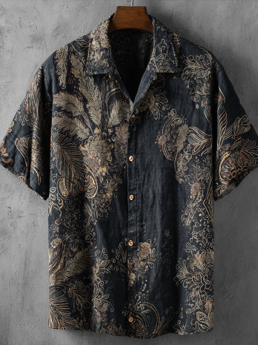 Western Style Bohemian Plant Flower Pattern Color Block Patchwork Retro Cotton And Linen Men's Shirt artswardrobe