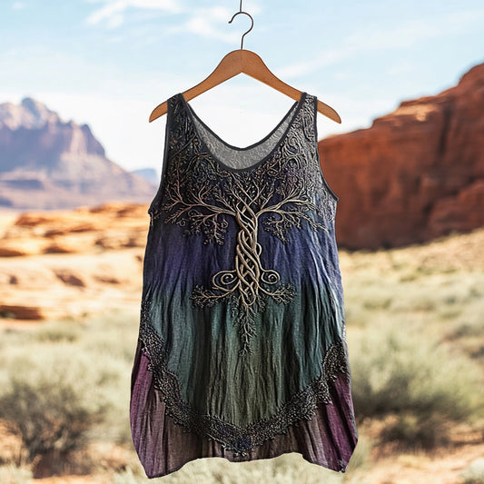 Women's Vintage Viking Tree Of Life Gradient Art Linen Tank Top artswardrobe