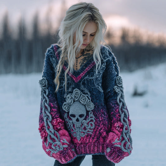 Women's Retro Celtic Knot Skull Gradient V-neck Sweater elevenforest