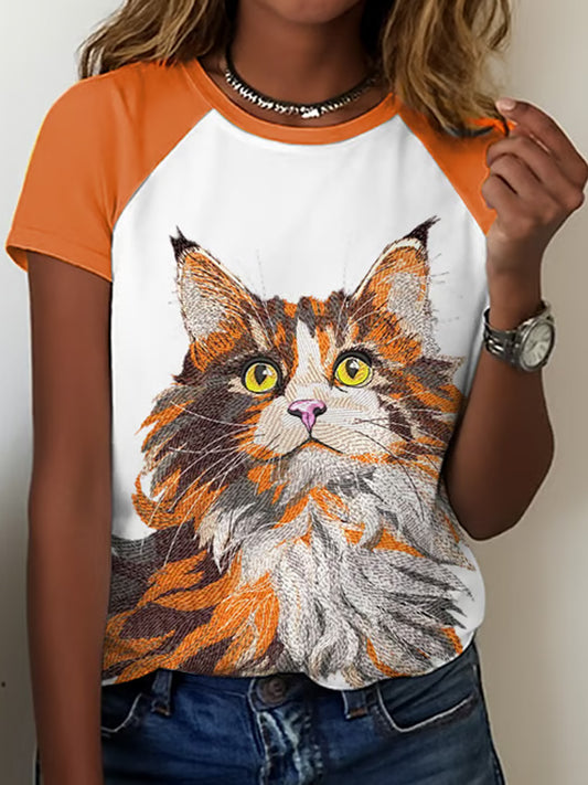 Comstylish Women's Animal Cute Cat Graphic Print Raglan Comfortable T-shirt