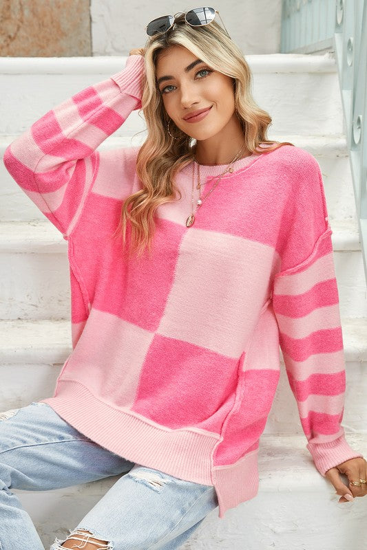 Ariadna® | Checkered high-low sweater with color block stripes