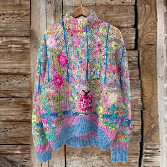 Vintage Floral Print Turtleneck Knitted Cozy Pullover Sweater artswardrobe