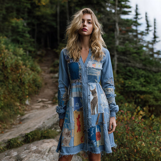 Women's Patchwork Cat Long Sleeve V-neck Midi Dress artswardrobe