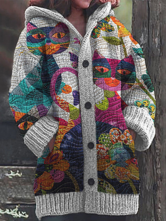 Colorful Cats Pattern Cozy Hooded Cardigan artswardrobe