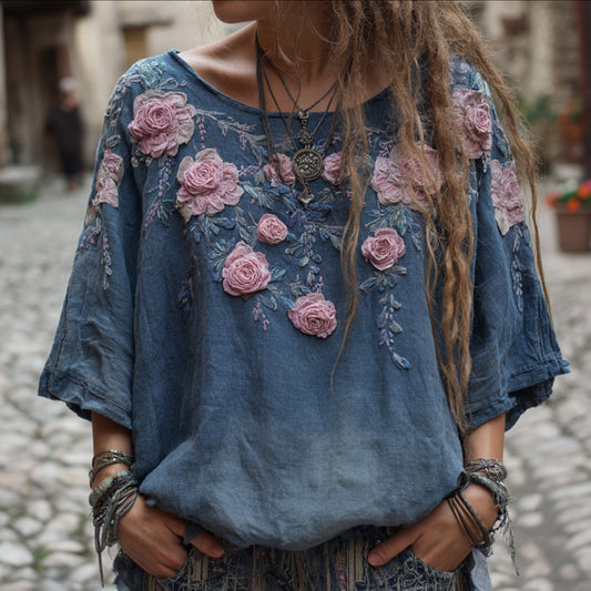 Comstylish Women's Vintage Floral Blue Tie-dye Top