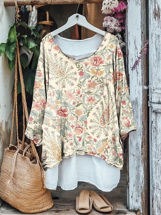 Retro Bohemian Plant Floral V-neck Cotton Linen Blouse artswardrobe