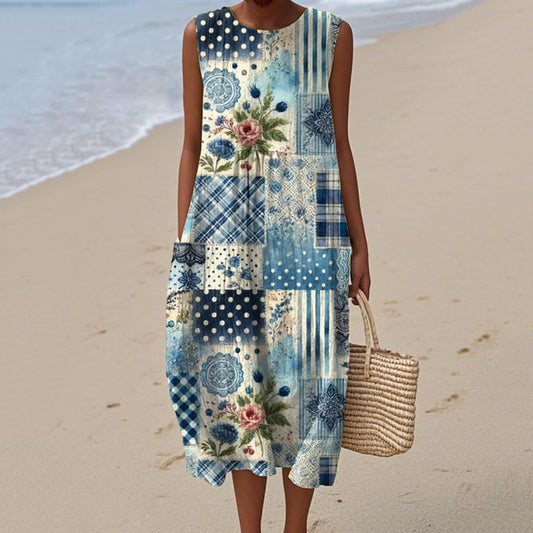 Women's Vintage Floral Patch Sleeveless Cotton Dress artswardrobe