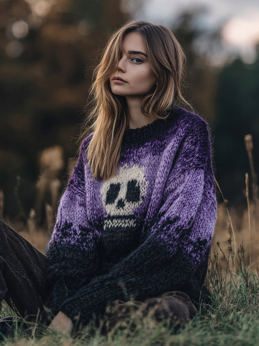 Halloween Skull Pattern Purple Gradient Cozy Knit Sweater elevenforest