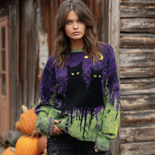 Halloween Black Cat Art Women's Knitted Sweater elevenforest
