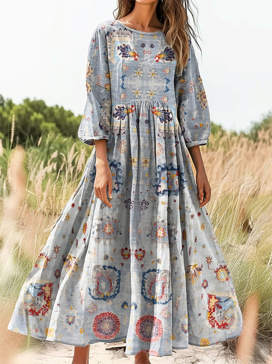 Women's Retro Ethnic Totem Flowers Print Flowy Cotton Crew Neck Dress