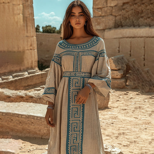 Retro Classic Greek Key Crew Neck Linen Blend Maxi Dress artswardrobe
