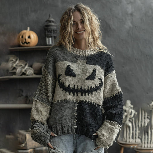 Halloween Pumpkin Face Patchwork Art Cozy Knit Sweater elevenforest