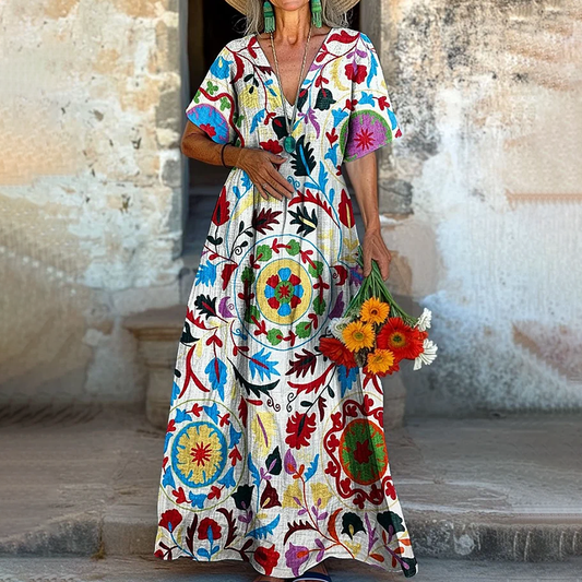 Vintage Floral Art Pattern Painting V-neck Dress artswardrobe
