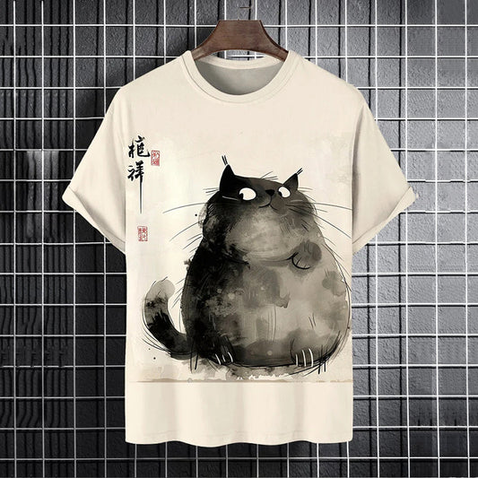 Men's Fat Cat Ink Painting Graphic Print T-shirt elevenforest