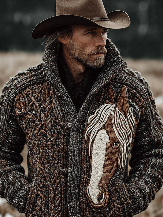 Men's Western Horse Celtic Cozy Chunky Cardigan elevenforest
