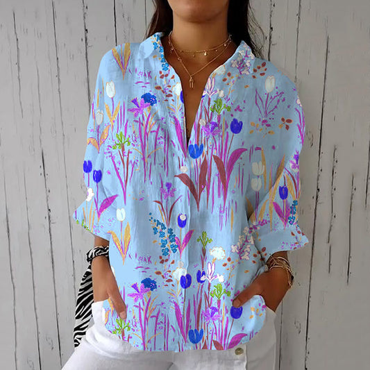 Women's Floral Print Long Sleeve Casual Linen Blend Shirt artswardrobe