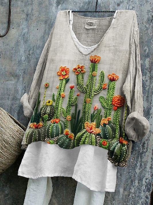 Comstylish Floral Cactus Embroidery Art Linen Blend Tunic
