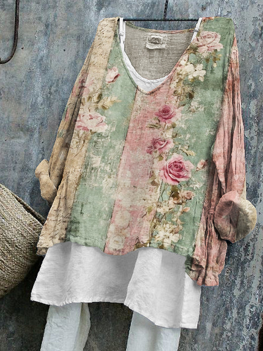 Comstylish Vintage Roses Floral Colorblock Linen Tunic
