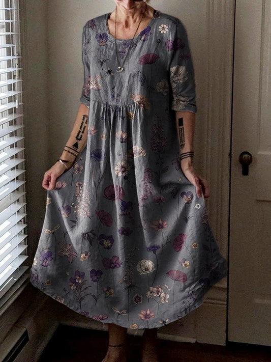 Women's Vintage Wildflowers Art Pattern Print Pocket Cotton Dress