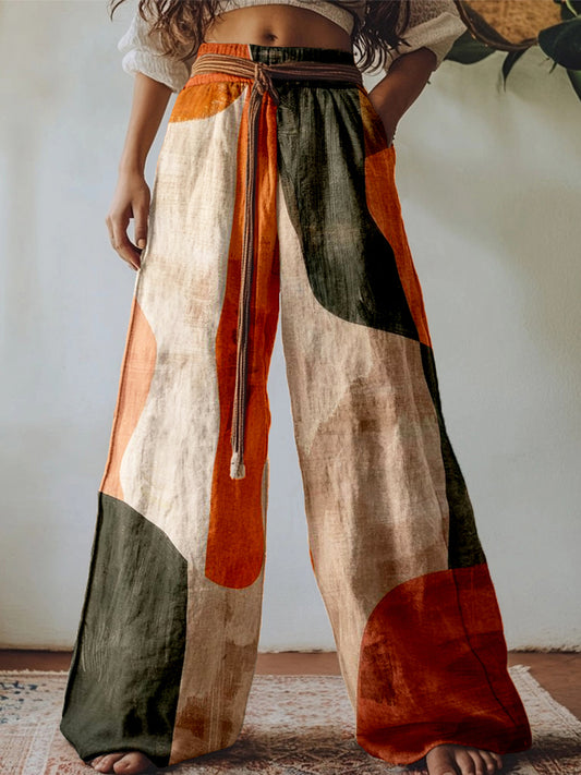 Vintage Abstract Boho Art Linen Blend Casual Pants artswardrobe