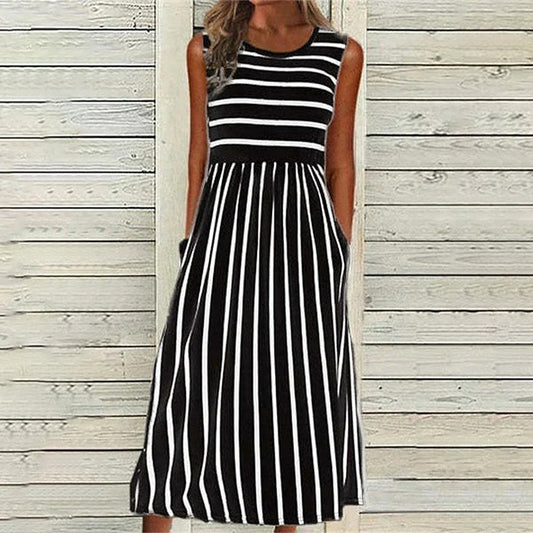 Vintage Stripe Art Linen Tank Midi Dress artswardrobe