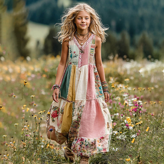 Young Girl's Floral Patch Print Linen Tank Dress artswardrobe