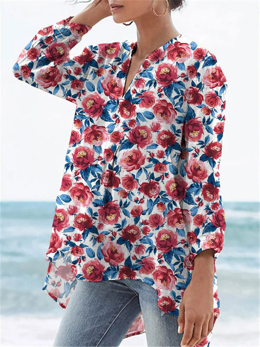 Watercolor Peony Repeat Pattern Printed Women's Casual Linen V-neck Shirt