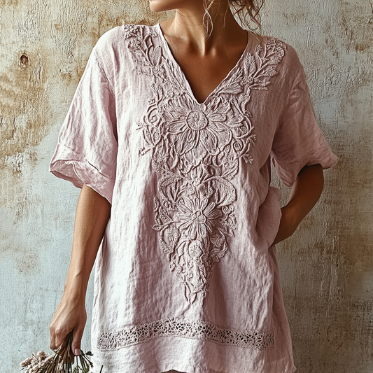 Comstylish Vintage Floral Lace Art Comfy V Neck T Shirt