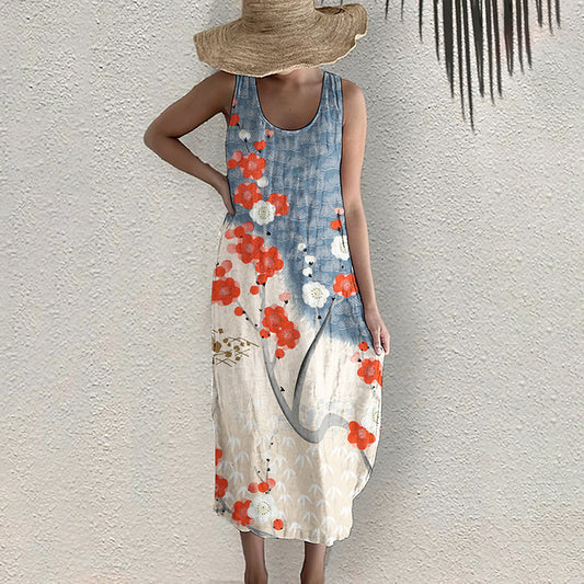 Comstylish Japanese Art Flower Print Sleeveless Casual Midi Dress