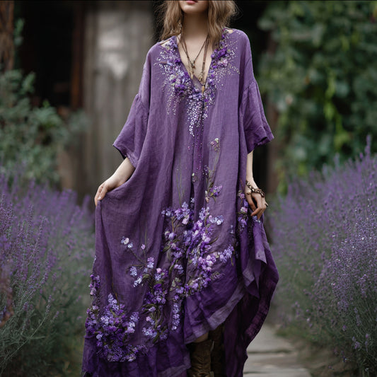 Bohemian Style Purple Tie-dye Lavender Three-dimensional Embroidery Sequin Short-sleeved V-neck Long Dress artswardrobe
