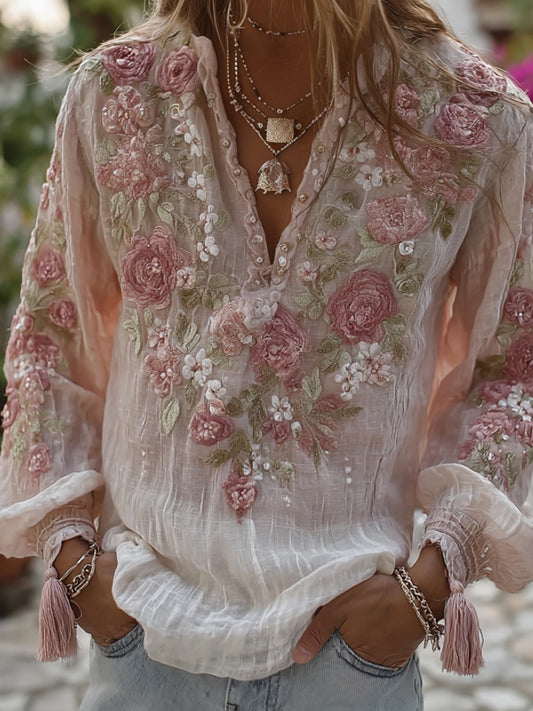 Comstylish Women's Three-dimensional Romantic Flower Embroidery Casual Retro Long-sleeved Shirt
