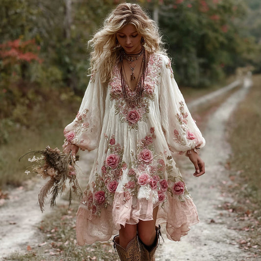 Women's Vintage Floral Embroidery Art Comfy Linen Maxi Dress artswardrobe