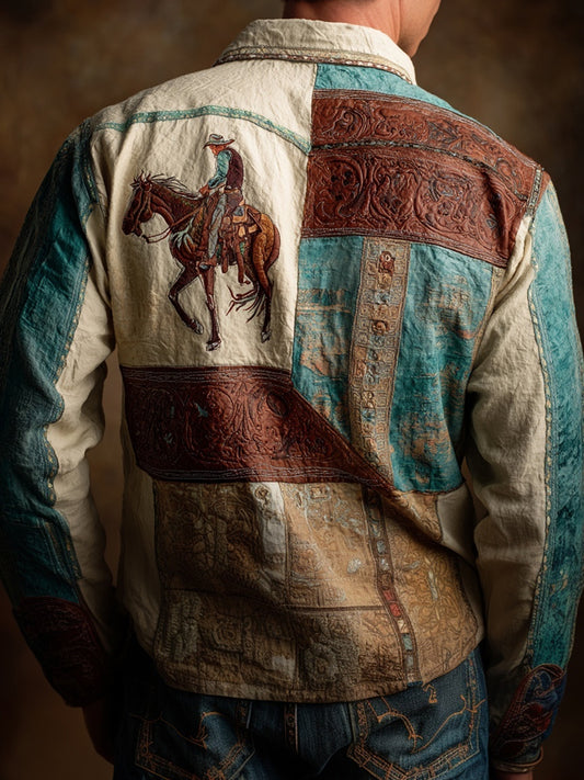 Western Horse Vintage Patchwork Art Men's Linen Long Sleeve Shirt artswardrobe