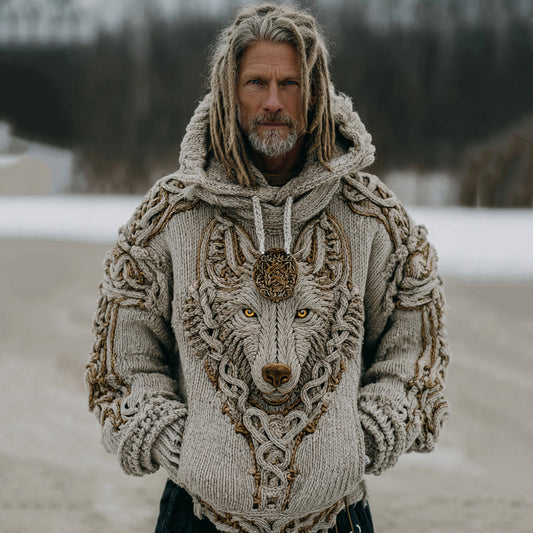 Men's Vintage Viking Wolf Cozy Knit Hooded Sweater elevenforest
