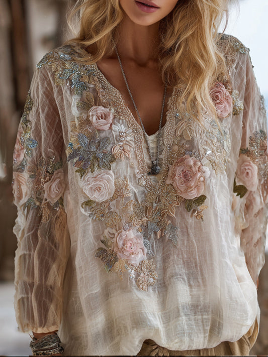 Comstylish Bohemian Three-dimensional Pink Floral Sequin Fairy White Thin Long-sleeved V-neck Top