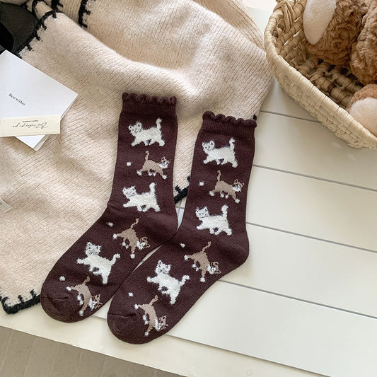 Comstylish Cute Cat Pattern Wool Mid-calf Socks