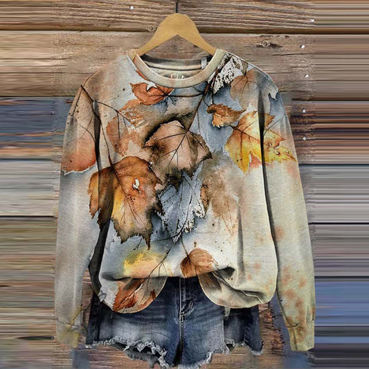 Comstylish Vintage Maple Leaves Art Printed Casual Sweatshirt